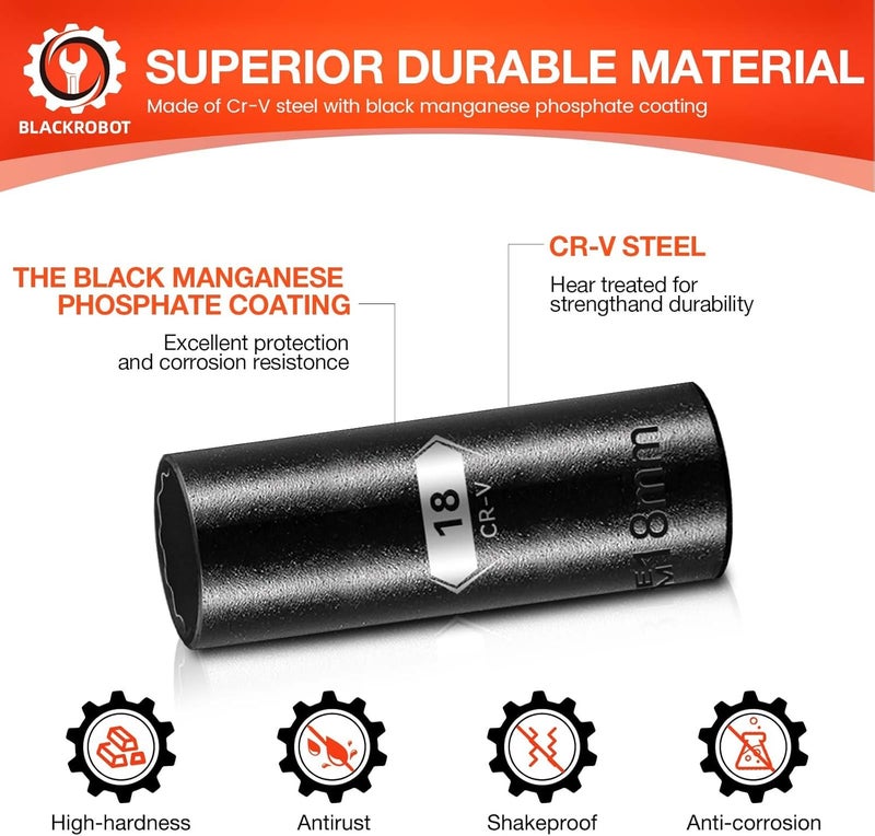 BLACKROBOT 18 mm 12-Point Deep Impact Socket, 1/2 Inch Drive, Metric, Cr-V Steel With Black Manganese Phosphate Coating - Image 5